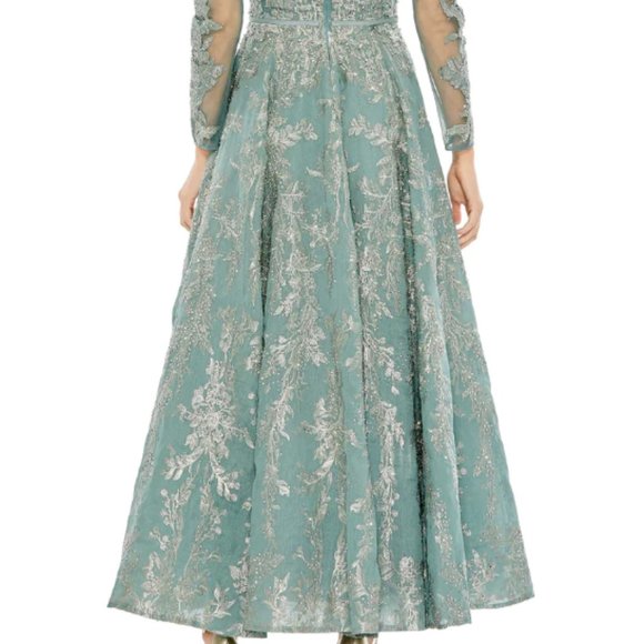 MAC DUGGAL 20337 EMBELLISHED BOW BELT LONG SLEEVE A-LINE JADE DRESS GOWN sz 8 - Picture 6 of 6
